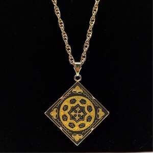 Vintage Spanish Damascene Black and Gold Tone Diamond Shape Pendant Necklace